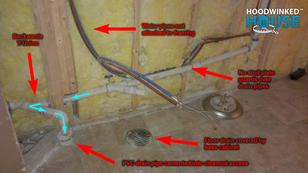 Annotated photo of plumbing problems.