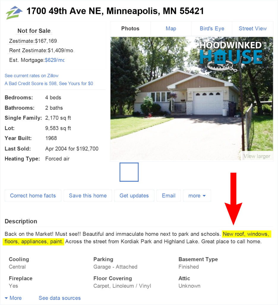 Screenshot of Zillow listing where a flipper admits replacing a roof, but no permit was ever obtained.