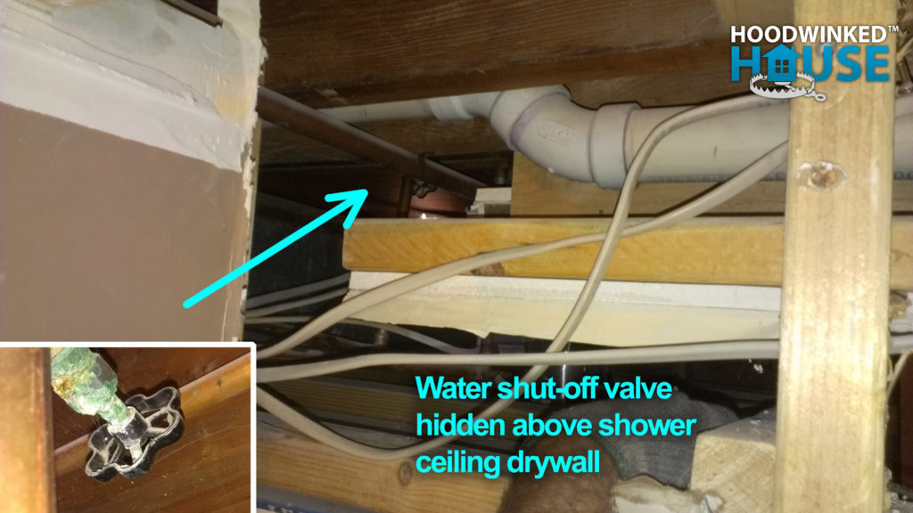 Annotated photo with inset showing a water shut-off valve concealed by drywall.
