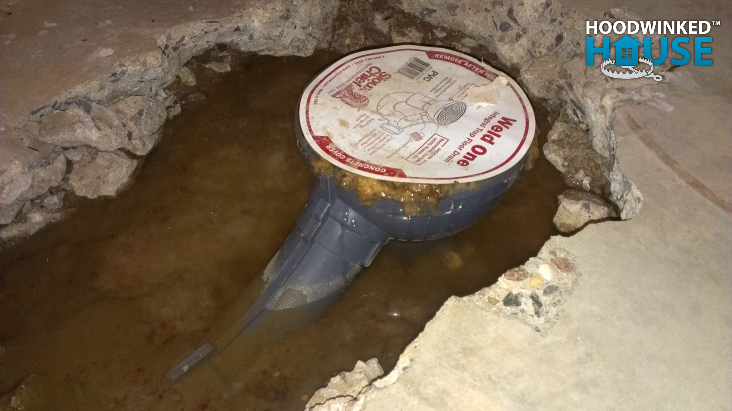 Sewage spills out of a newly-installed floor drain with the paper seal still on it.