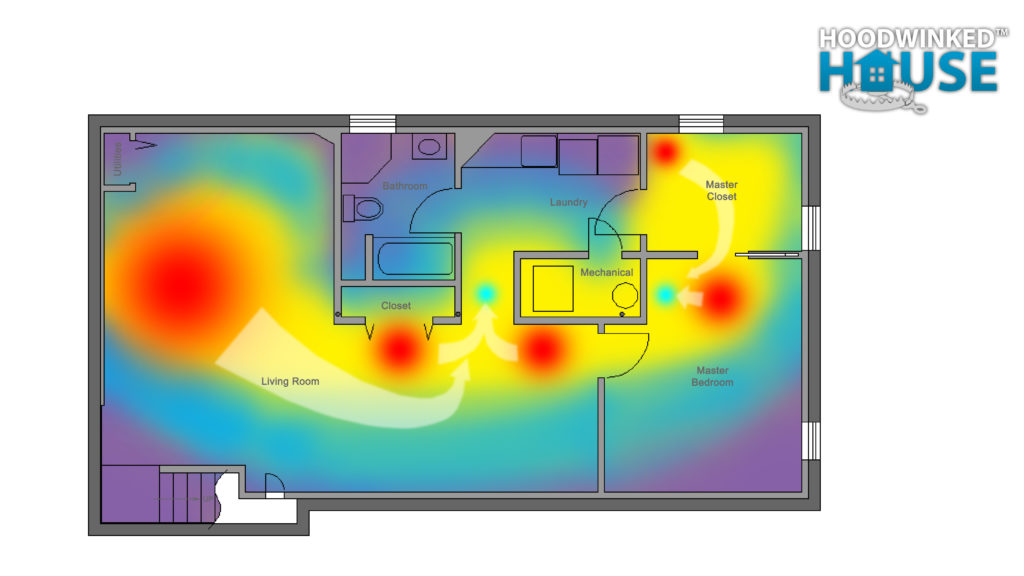 Illustrated heat map showing heat outlets that had been improperly cut into the central duct.