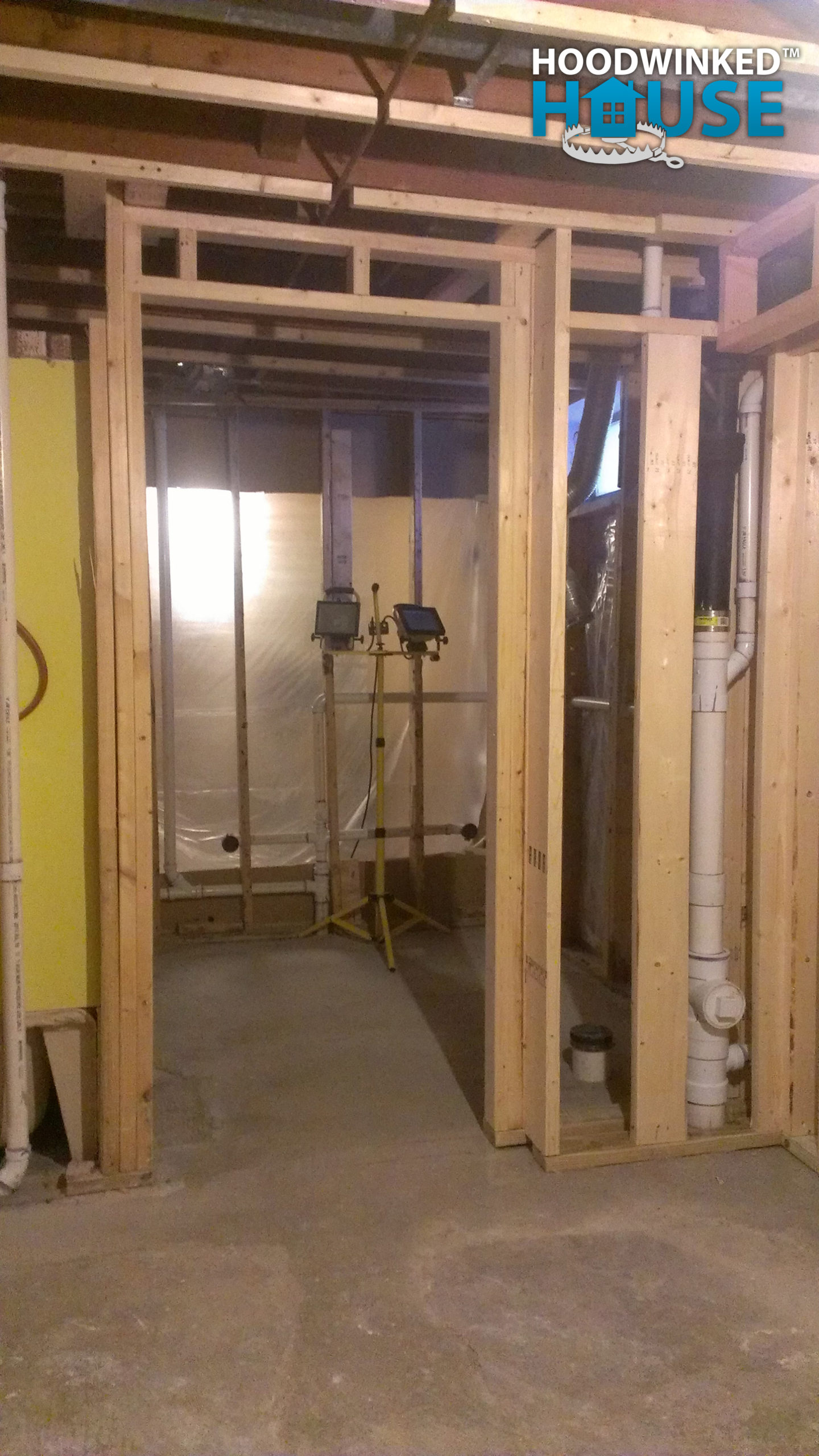 Framing for a door in a basement stud wall.