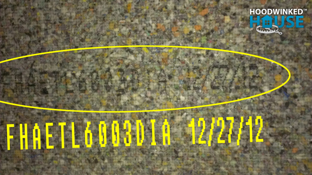 Date stamp on carpet padding indicates that it was manufactured on December 27, 2012.