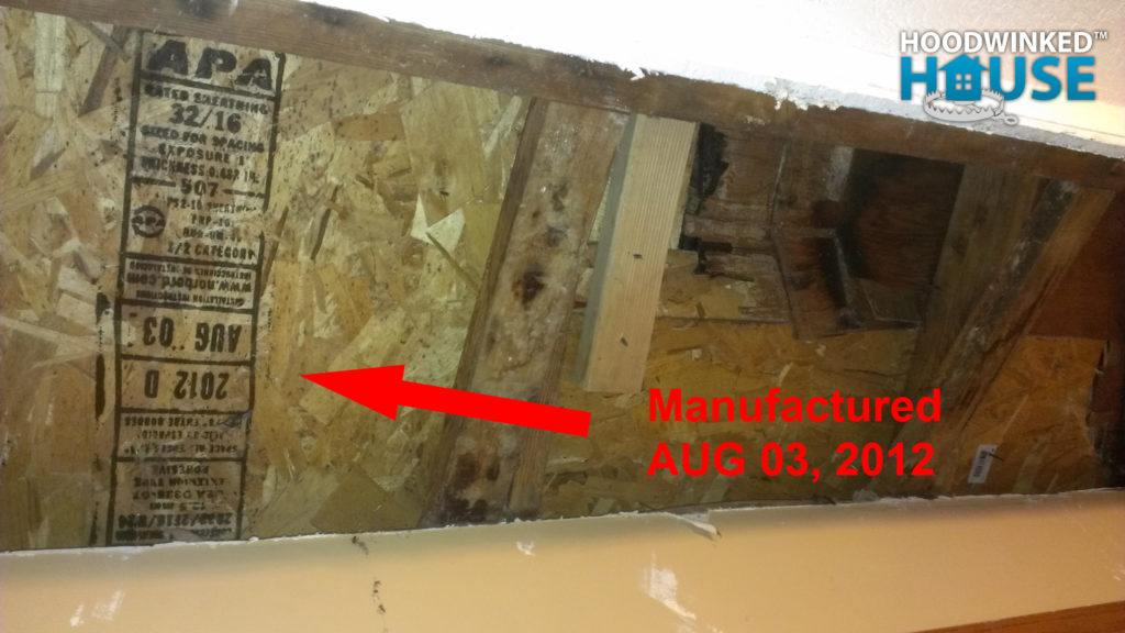 Date stamp on roof sheathing indicates that it was manufactured on August 3, 2012.