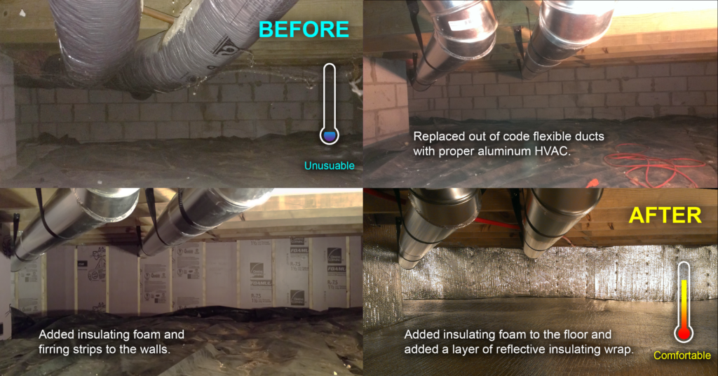 Before and after comparison photos of a crawlspace illustrating how duct replacement and insulation improved temperature in the dining room above.