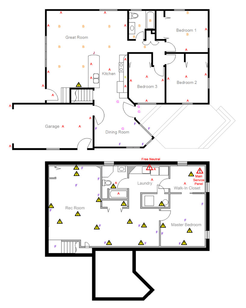 Floorplan illustration showing circuits and electrical problems.