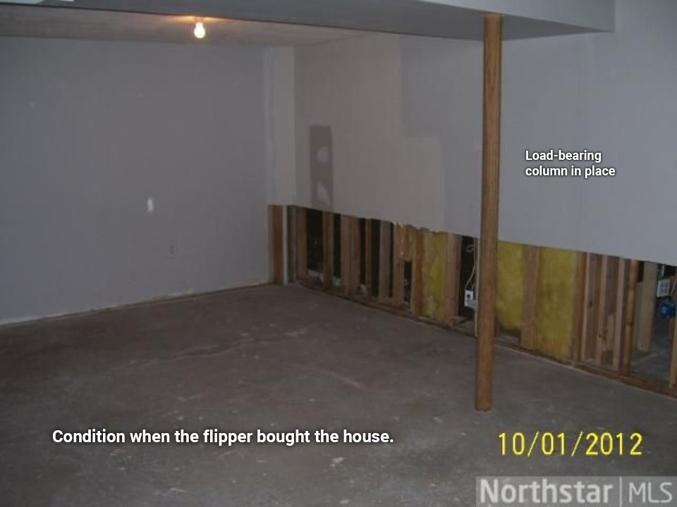 Basement photo dated 10/01/2012 showing its condition when the flipper bought the house. A load bearing column was in place.
