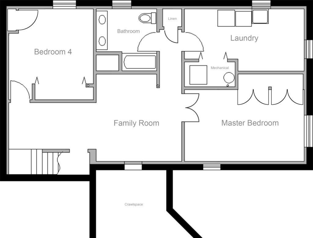Floorplan for a finished basement showing 2 bedrooms, a full bathroom, family room, and a laundry room.