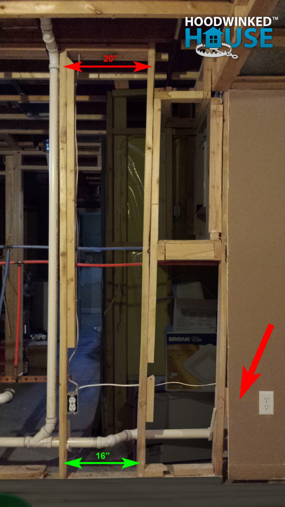 Annotated photo showing studs that standard 16 inches apart at the bottom but 20 inches apart at the top, instead of parallel and plumb.