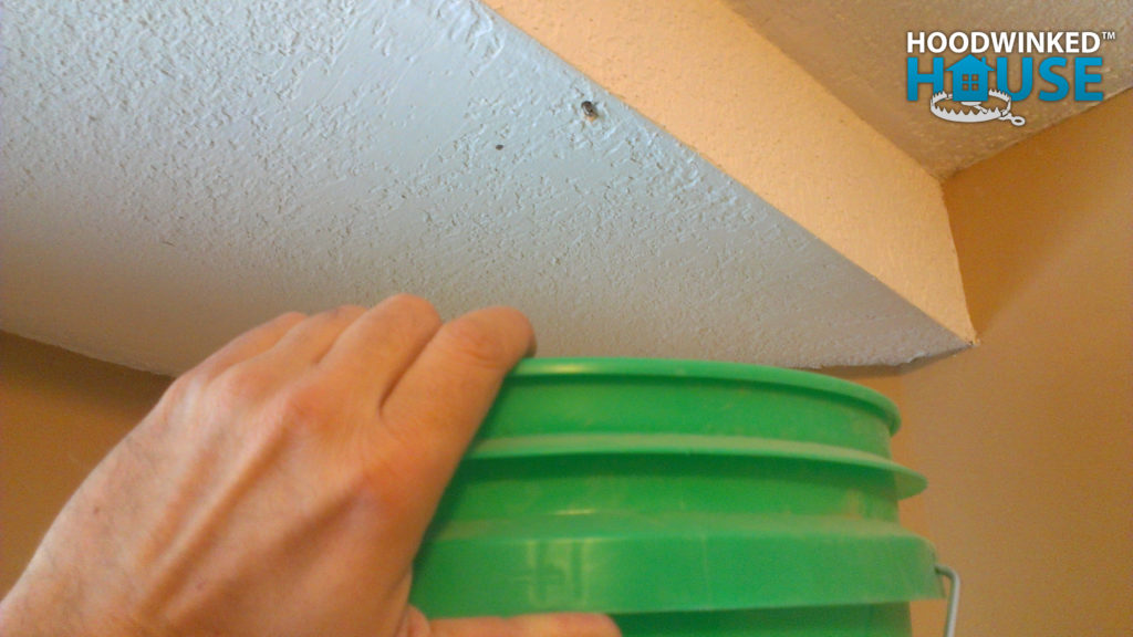 Holding a bucket up to a hole in a bedroom soffit where ice dam melt water is leaking inside.