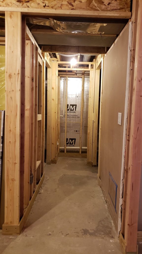 Stud wall framing of a hallway with a closet at the end.