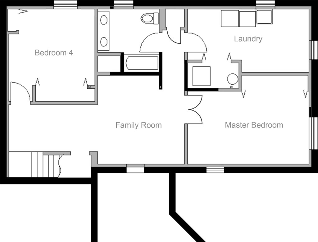 New design of a finished basement. It includes 2 bedrooms, a bathroom, family room, laundry room, linen closet, and mechanical closet.