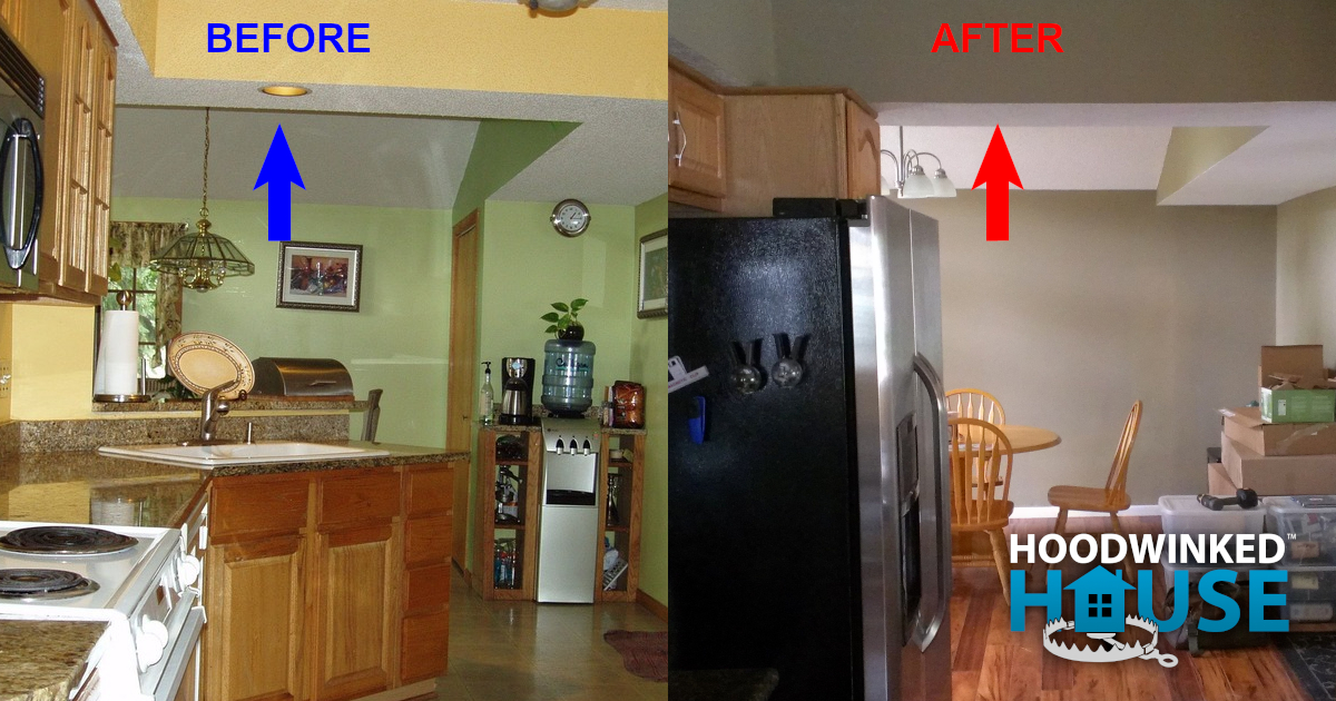 Side-by-side comparison showing a kitchen with a recessed light and the same kitchen without one.